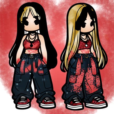 girl in baggy pants crop top and long hair