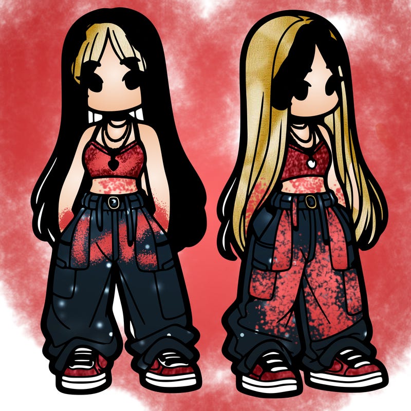 girl in baggy pants crop top and long hair