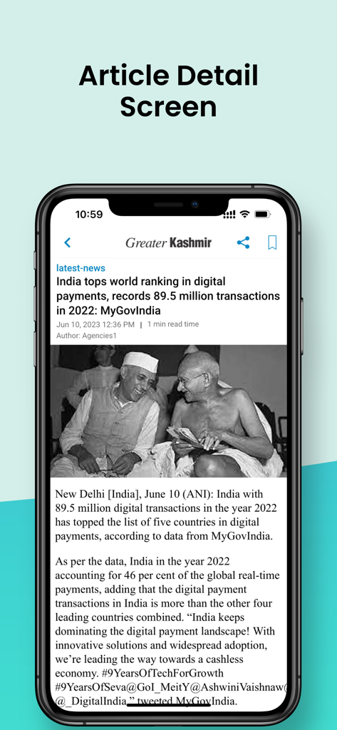 Greater Kashmir - News - Greater Kashmir news app article detail screen showing a report on digital payments in India.