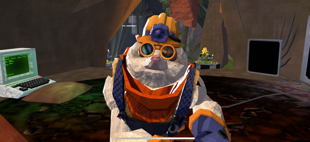 A VR character in a mining helmet and goggles captured using the third person camera mode