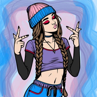 realistic teenage girl with braids and a beanie and crop top doing 🫶🏼