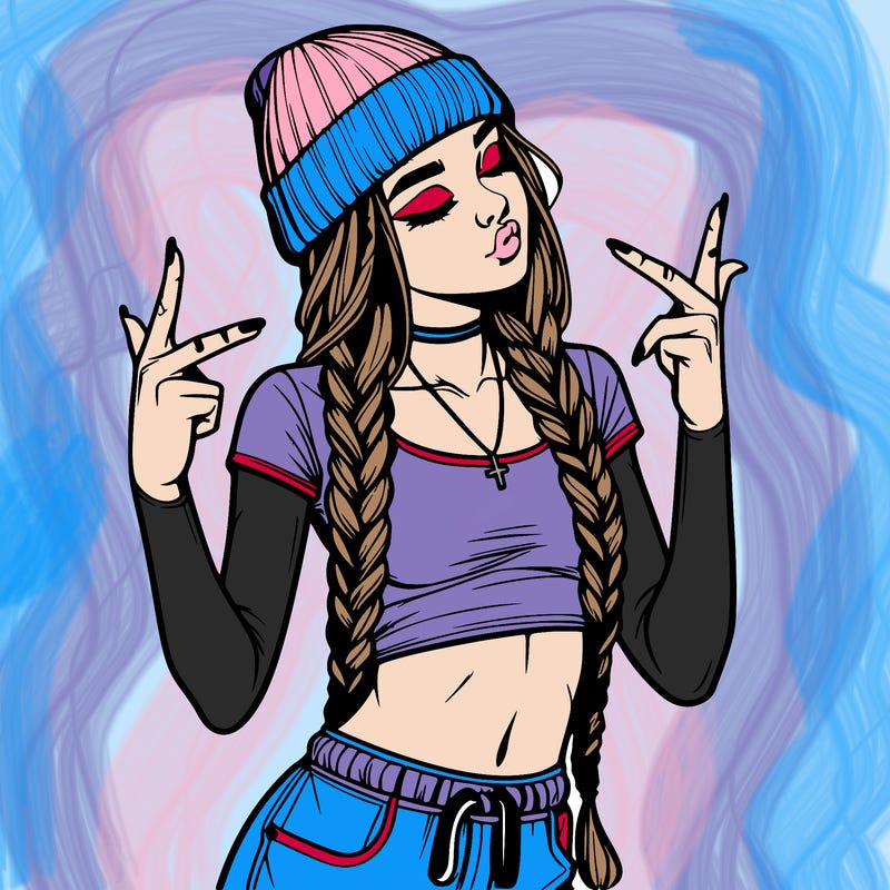realistic teenage girl with braids and a beanie and crop top doing 🫶🏼