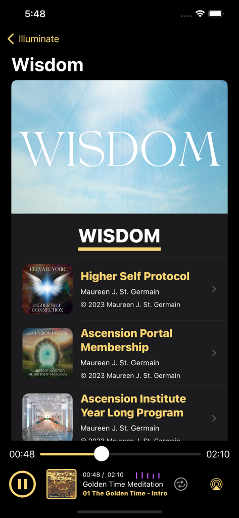lluminate - The Wisdom screen in the Illuminate app displaying spiritual protocols and meditation programs