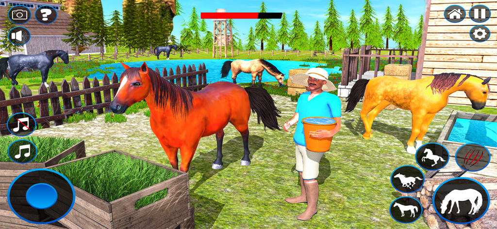 Wild Horse Games Survival Sim - Una escena de juego en 3D del Simulador de Vida de Caballos Salvajes que muestra a un granjero cuidando varios caballos en un rancho.