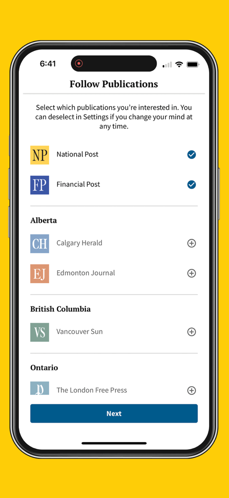 National Post - Interface of the National Post app allowing users to follow specific news publications like Financial Post and Calgary Herald