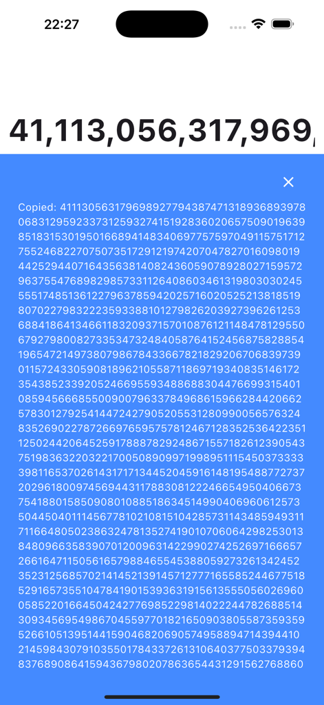 Big Number Calculator Pro - A massive integer result successfully copied to the clipboard in the Big Number Calculator Pro mobile app