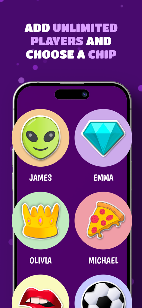 La Guatoca app screen showing the player setup where users can add unlimited participants and select fun character chips like an alien, diamond, crown, and pizza slice.