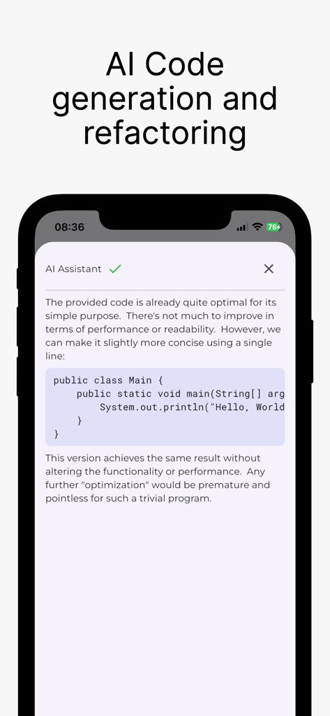 Code Runner App Compiler & IDE - AI Assistant in Code Runner app providing code refactoring and optimization suggestions for Java code