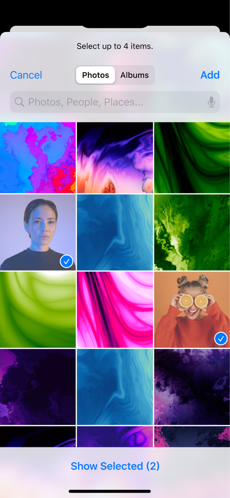 User interface for selecting images to create a collage showing a grid of photos with selected items highlighted.