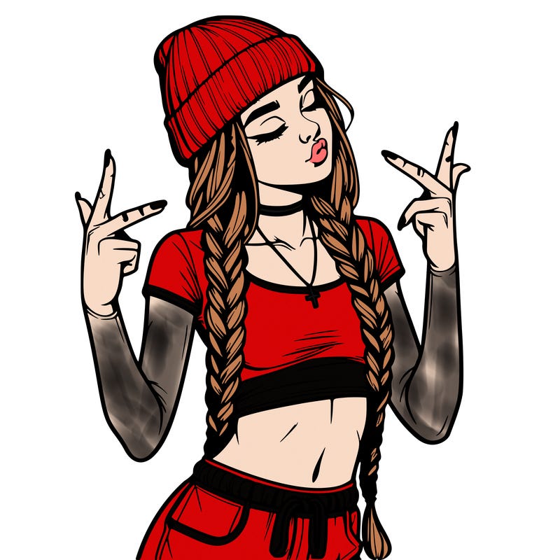 realistic teenage girl with braids and a beanie and crop top doing 🫶🏼