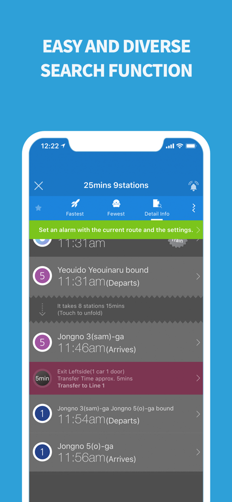 Subway Korea app screen showing detailed transit route results with station names and transfer times in English