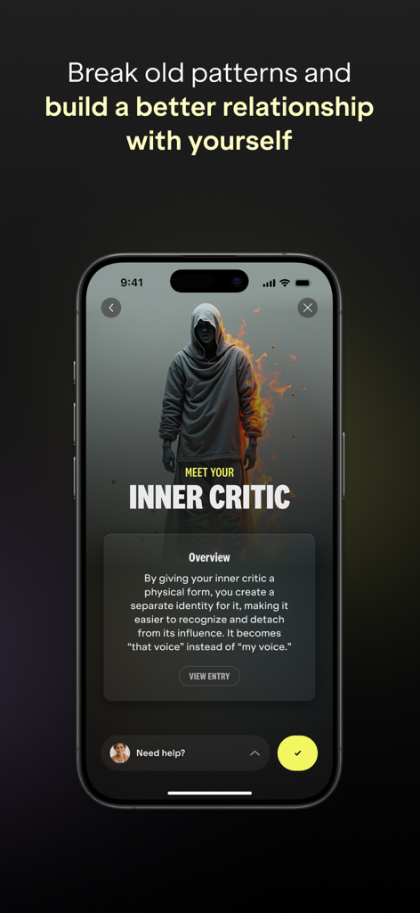 Mojo app interface showing a psychological exercise to identify and detach from your inner critic for better self relationship