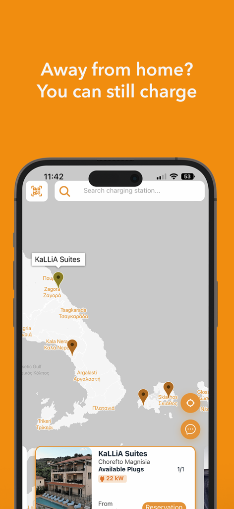 EV Loader app interface showing a map of available electric vehicle charging stations at destination locations like hotels
