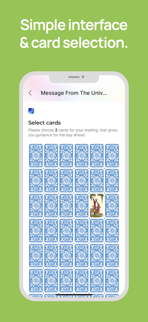 Interface of the Trusted Tarot app showing a card selection grid for a daily reading with one card revealed.