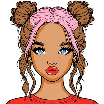 realistic girl with two buns in hair and lips