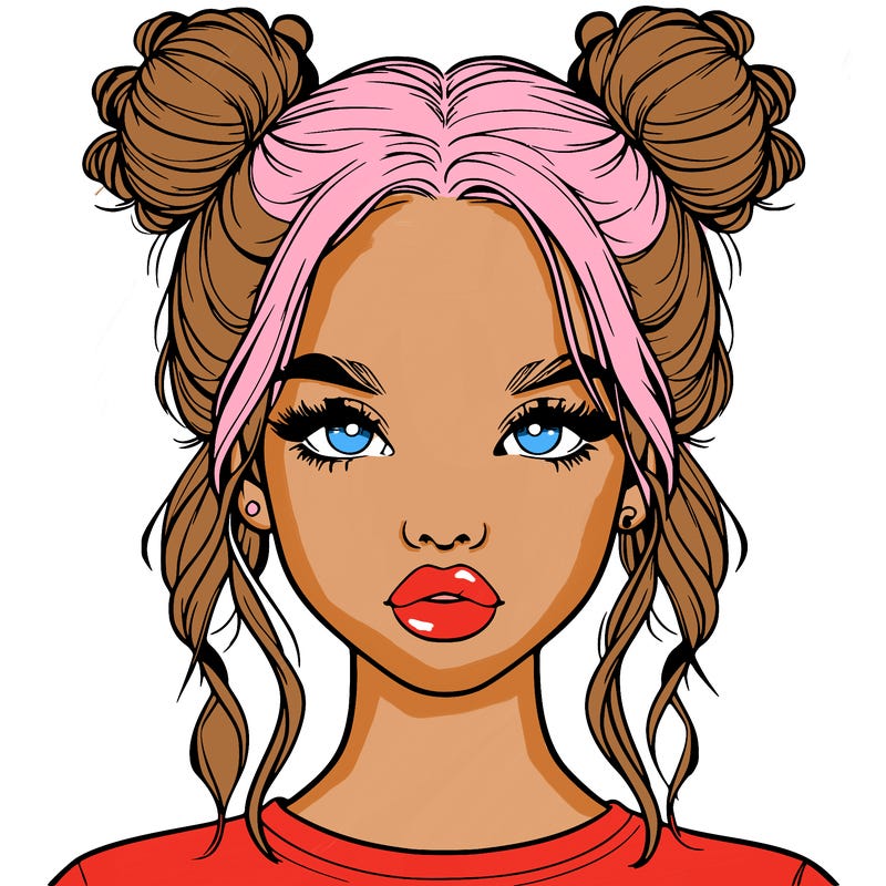 realistic girl with two buns in hair and lips