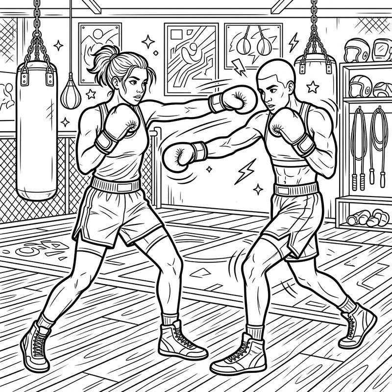 Dive into the energetic world of boxing with this dynamic coloring page featuring two athletes shadowboxing. It's the perfect way for teens to express their creativity while celebrating strength and focus.