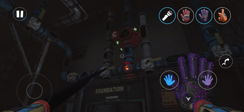 Poppy Playtime Chapter 4 - First person view of a mechanical hand reaching toward industrial pipes in a dark factory