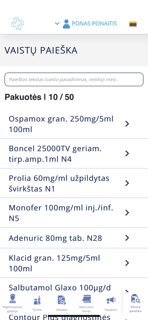 ePacientas - Medication search screen in the ePacientas app displaying a list of available medicines