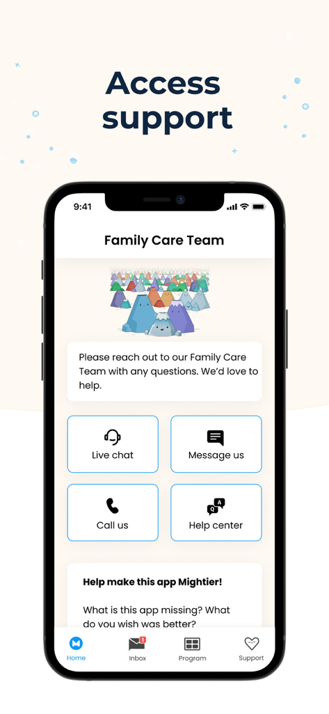 Mightier Parent App support interface showing options for live chat, messaging, and calling the Family Care Team.