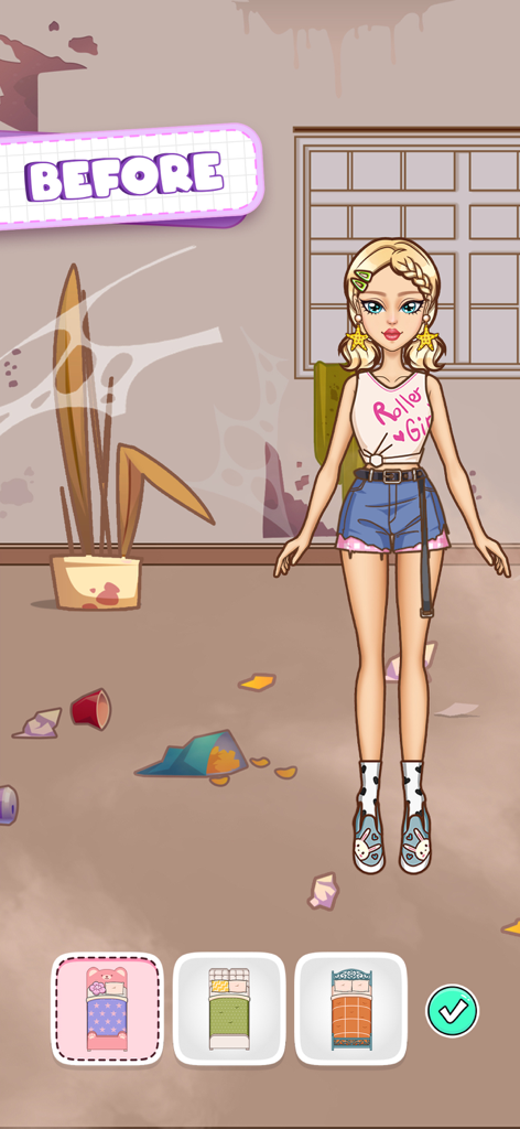 DIY Paper Doll Dress Up - A paper doll character in a messy room before a furniture makeover renovation