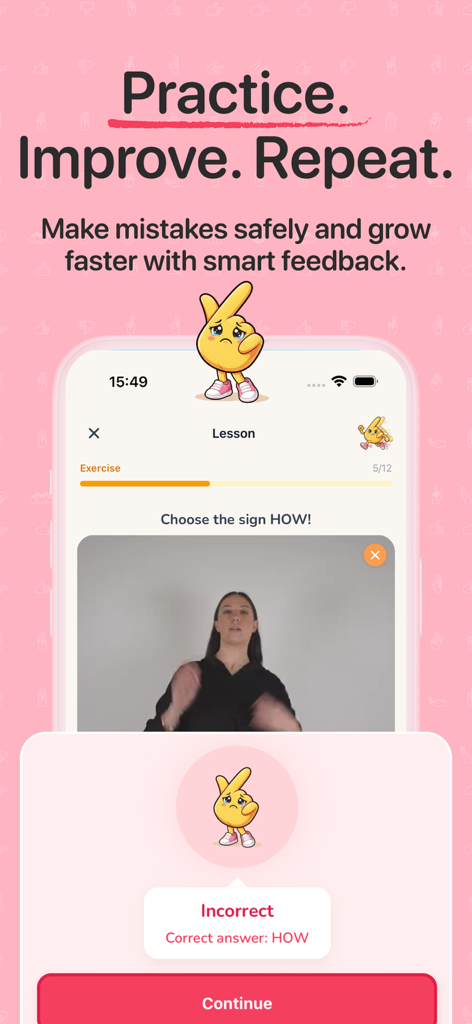A screenshot of the Anna Sign Language app showing a practice lesson with a video demonstration and feedback for an incorrect answer.
