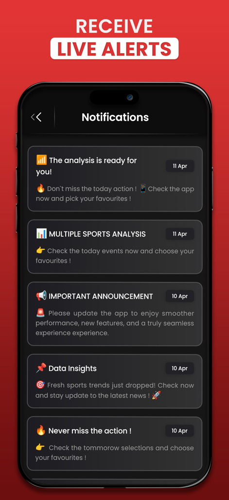 David Smart Sports Predictions app notification screen displaying live alerts and sports analysis updates