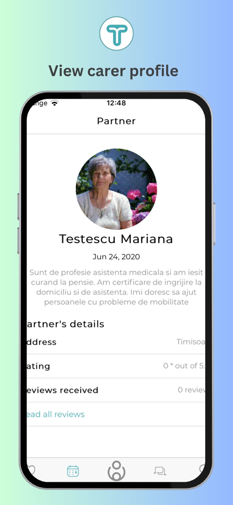 Tenderly Clients - Carer profile screen in the Tenderly Clients app displaying caregiver information and ratings.