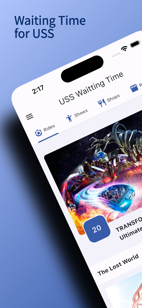 USS Waiting Time (Unofficial) - Mobile app interface of USS Waiting Time showing real-time attraction wait times for Universal Studios Singapore