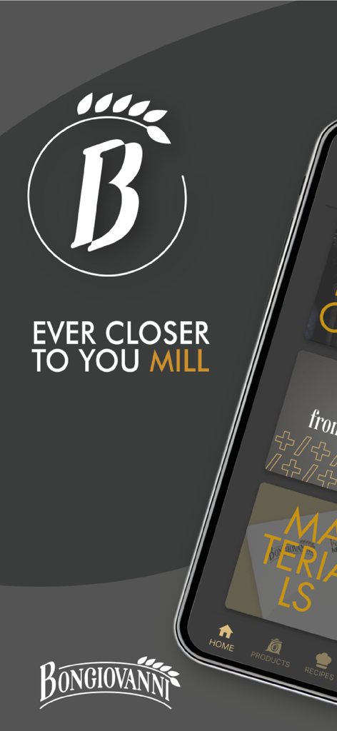 Bongiovanni Mobile-App-Oberfläche für professionelle Handwerker mit Startbildschirm und Navigation für Produkte und Rezepte
