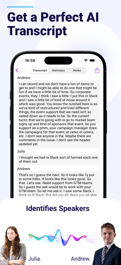 AI Meeting Notes - プロフェッショナルな会話における話者識別を示すAI会議文字起こし画面