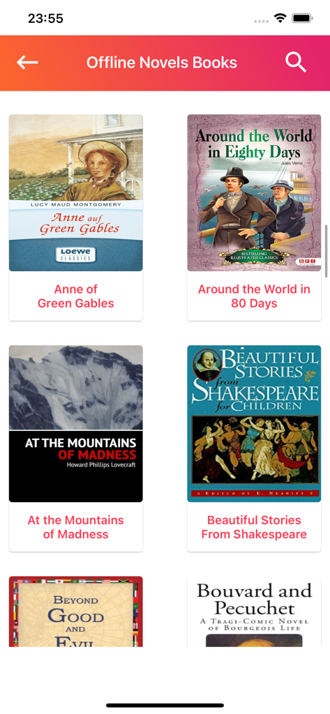 Interfaccia della libreria dell'app Libri Romanzi Inglesi che mostra una collezione di copertine di libri di letteratura classica.