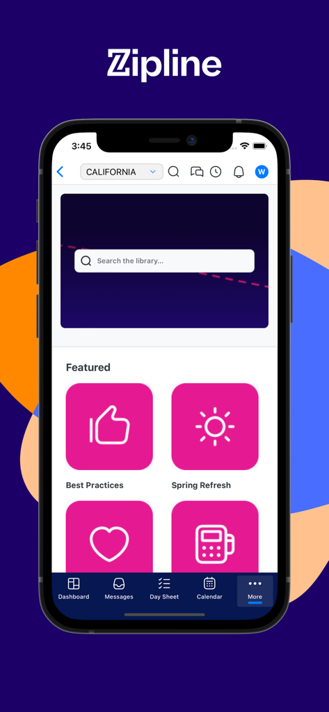 Zipline Inc. - Le tableau de bord de l'application mobile Zipline affichant une barre de recherche de bibliothèque et des catégories de tâches de vente sélectionnées comme Meilleures pratiques et Renouveau printanier.