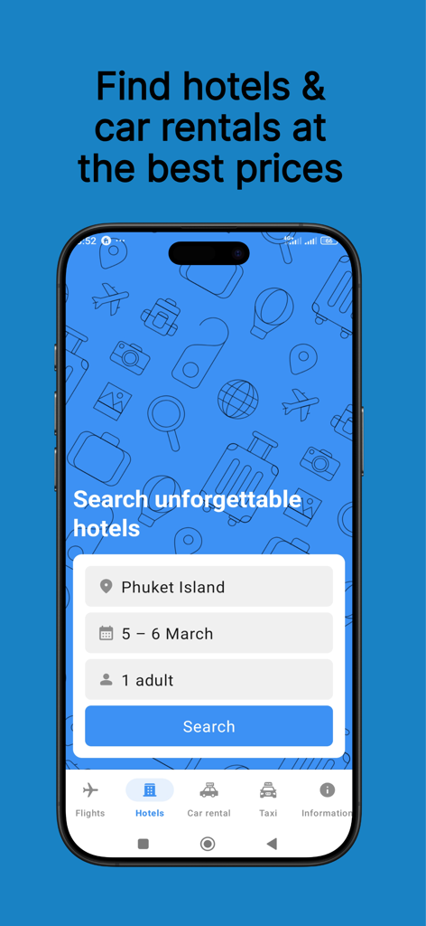 Flights & Cheap Tickets - Mobile app screen for searching hotels with location and date filters