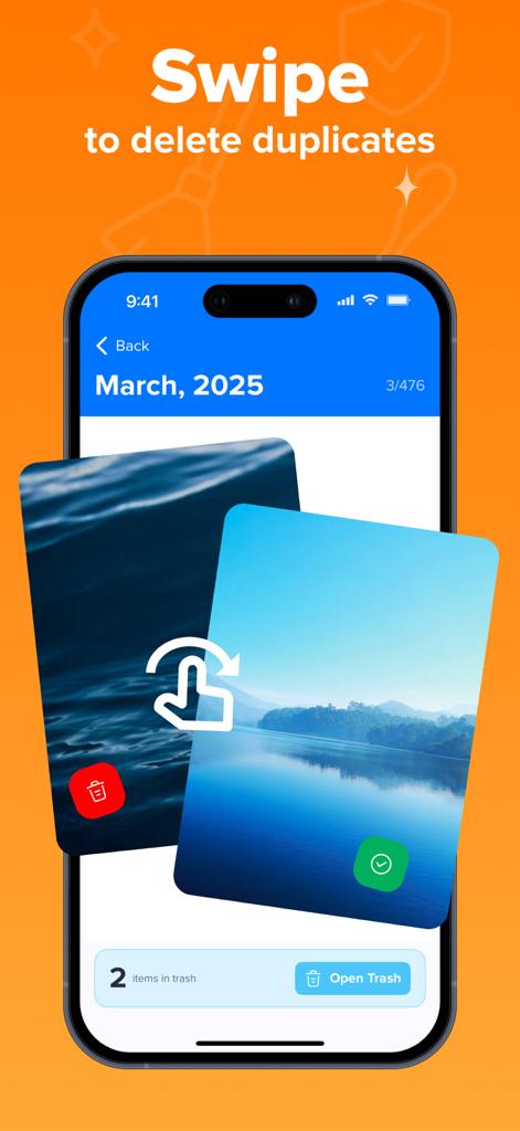 Pantalla de smartphone mostrando una interfaz de gesto de deslizamiento para eliminar rápidamente fotos duplicadas y limpiar el almacenamiento.