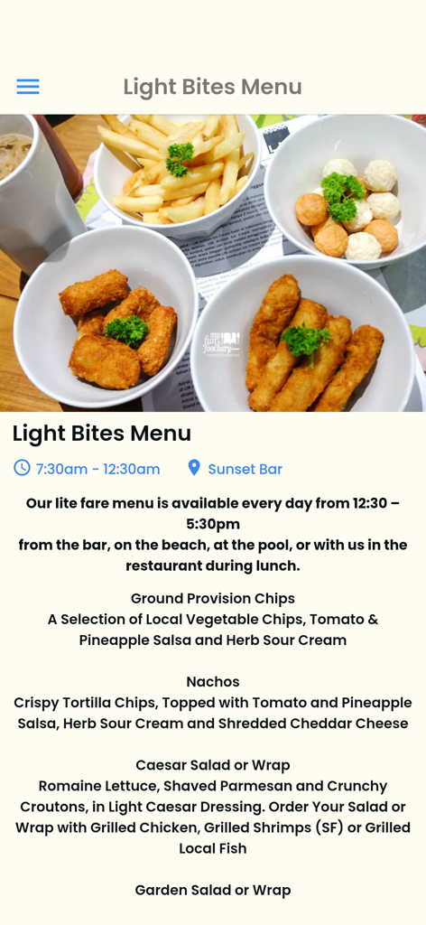 East Winds Saint Lucia 리조트 앱의 디지털 라이트 바이트 메뉴로, 애피타이저와 스낵을 보여줍니다.