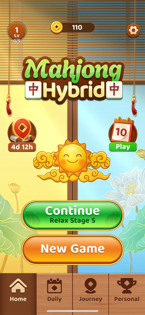 Hauptmenü des Mahjong Hybrid Match and Relax-Handyspiels mit Startschaltflächen und entspannenden Zen-Grafiken