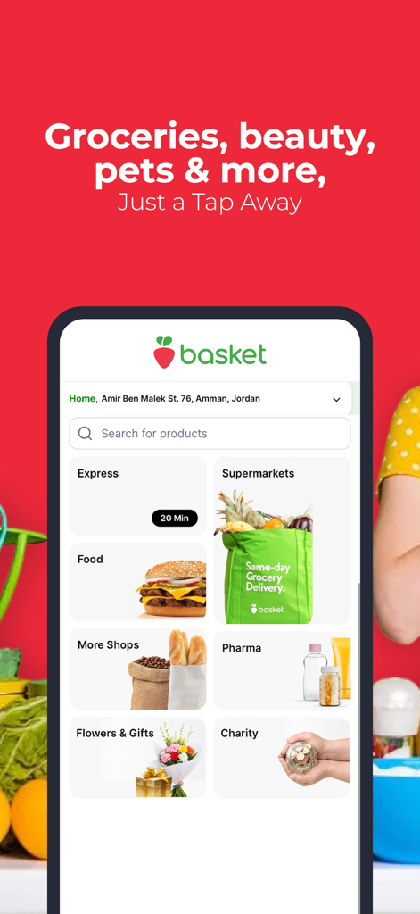 Interface móvel do aplicativo Basket para entrega de mantimentos e comida na Jordânia