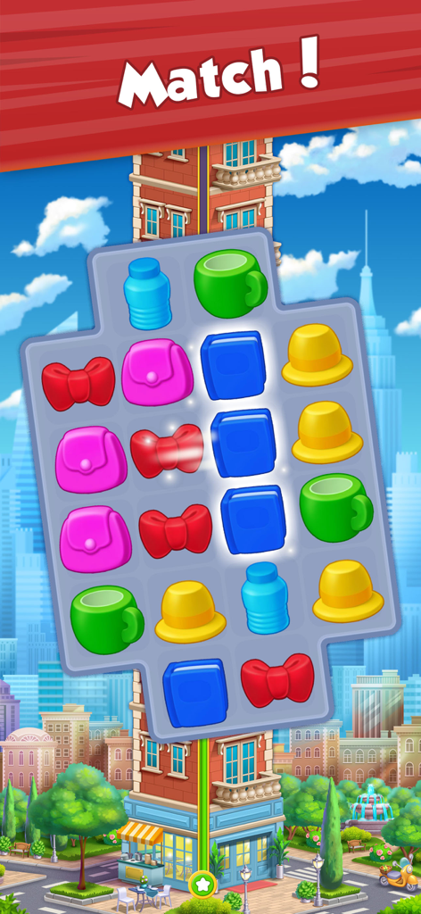 City Kitty Match - City Kitty Match puzzle board with colorful items and urban background