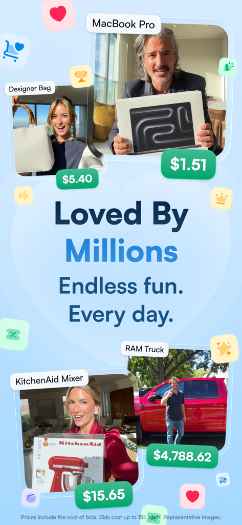 Promotional image for DealDash showing happy customers with auction items like a MacBook Pro and a RAM truck at very low prices.