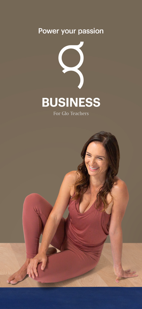 Glo Business app welcome screen with a smiling yoga instructor