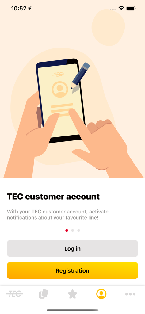 TEC app customer account login and registration screen featuring a smartphone illustration