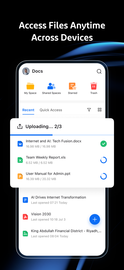 Beem: One Platform for Work - Interface da aplicação Beem mostrando pastas de armazenamento na nuvem e o progresso do carregamento de ficheiros