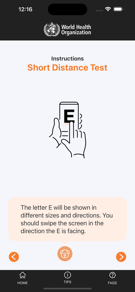 WHOeyes - WHOeyes mobile app interface showing instructions for a short distance vision test with a swipe gesture tutorial.