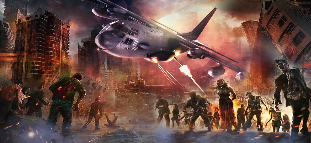 Military aircraft flying over a crowd of zombies in a destroyed city