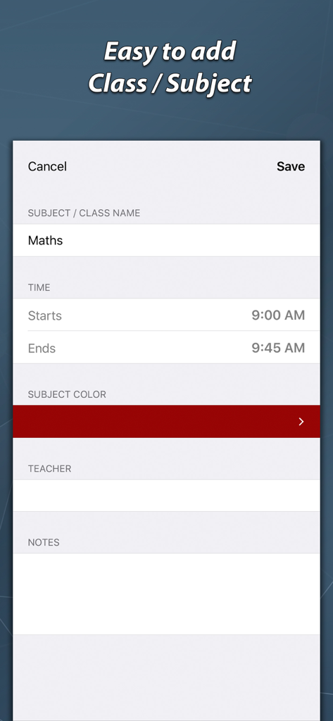 Timetable & Homework Planner - Ecrã para adicionar uma nova aula com nome da disciplina, hora e opções de codificação por cores.
