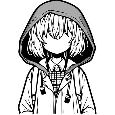 little anime girl in a raincoat her hair is covering her eyes she has a lighter