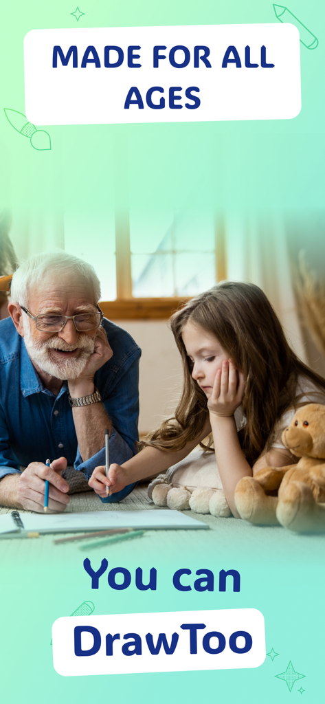 AR Drawing & Tracing - DrawToo - An elderly man and a child sketching together to illustrate that the DrawToo app is for all ages