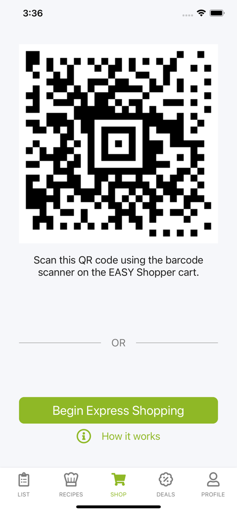 QR code on EASY Shopper app screen to pair with a smart grocery cart