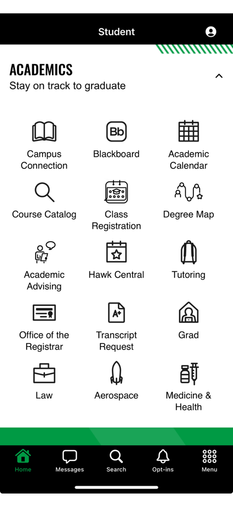 My UND - Academics dashboard on the My UND mobile app for students